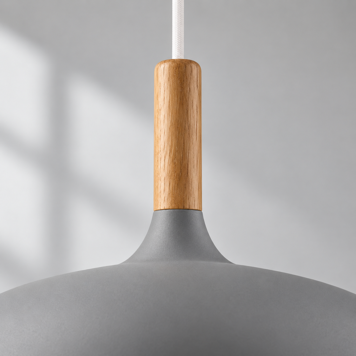 Pendant light with dome shade and wood stem — Grey — wood and aluminium detail