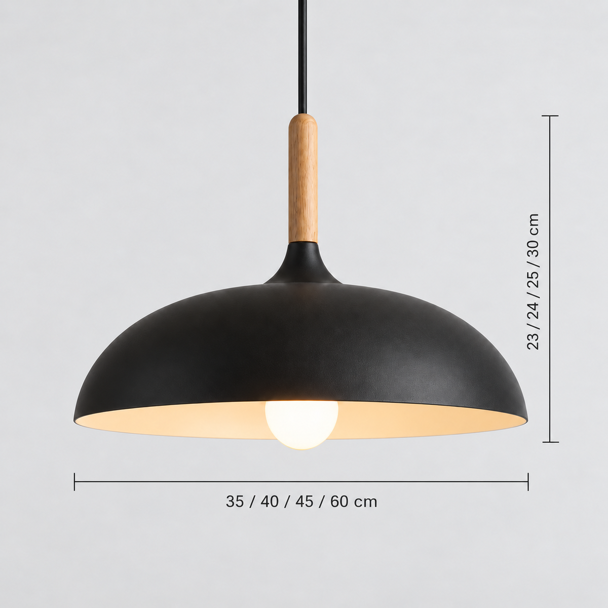 Pendant light dimensions — four diameters 35, 40, 45, 60 cm and respective body heights 23, 24, 25, 30 cm
