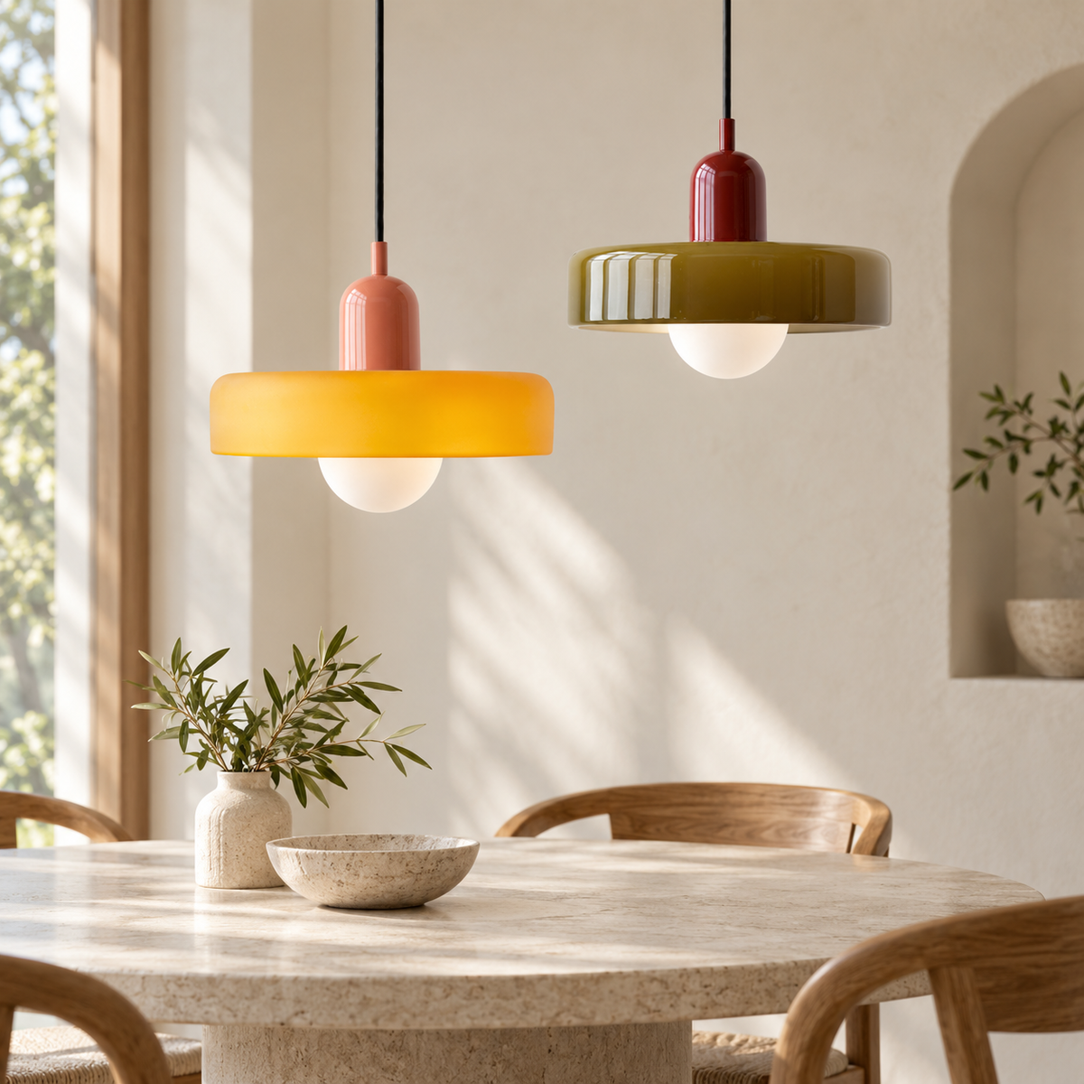 Two pendant lights with yellow and green disc shades above a dining table