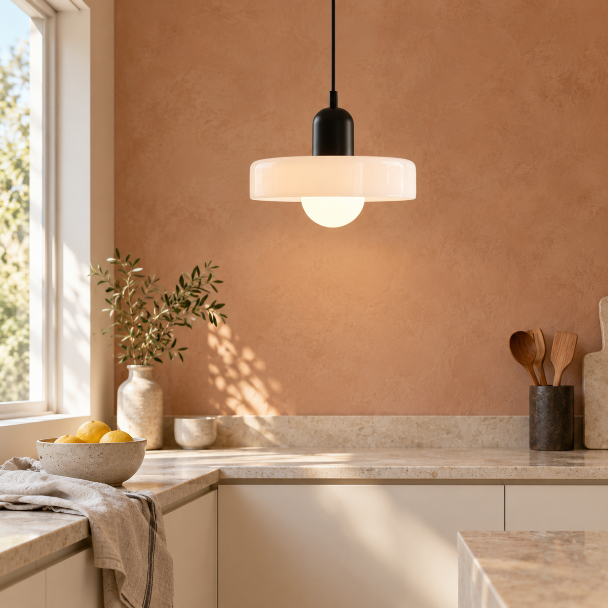 White disc-shade pendant light with black body above a kitchen worktop