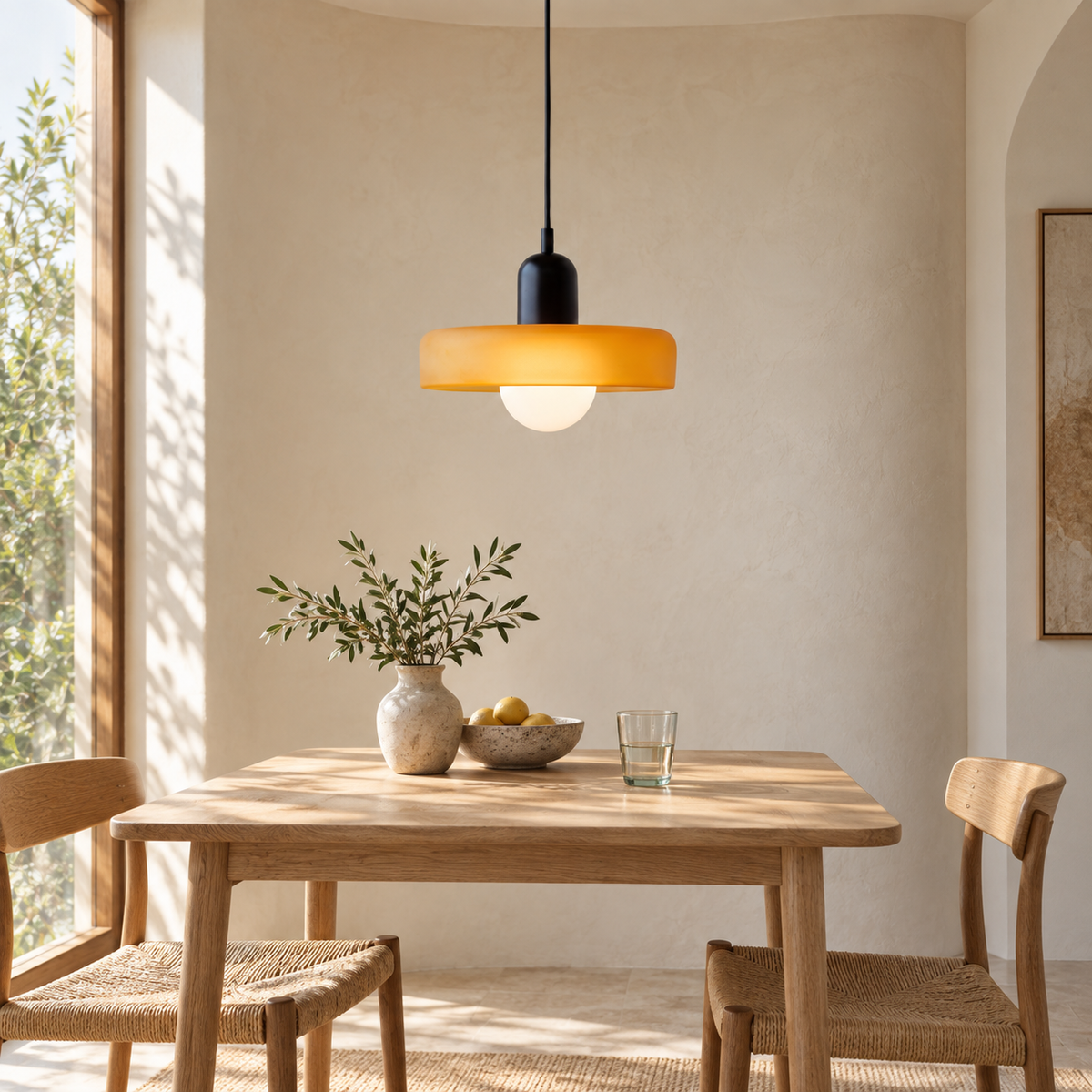 Yellow disc-shade pendant light with black body above a timber dining table