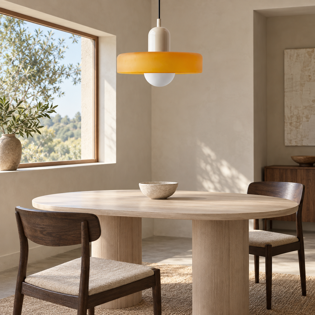 Yellow glass shade pendant light with ivory body, dining area