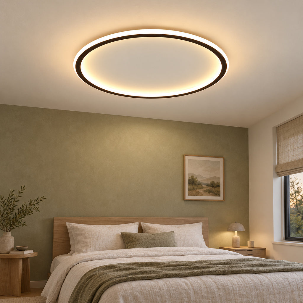 01 · Round flush ceiling light, black frame, warm-white light