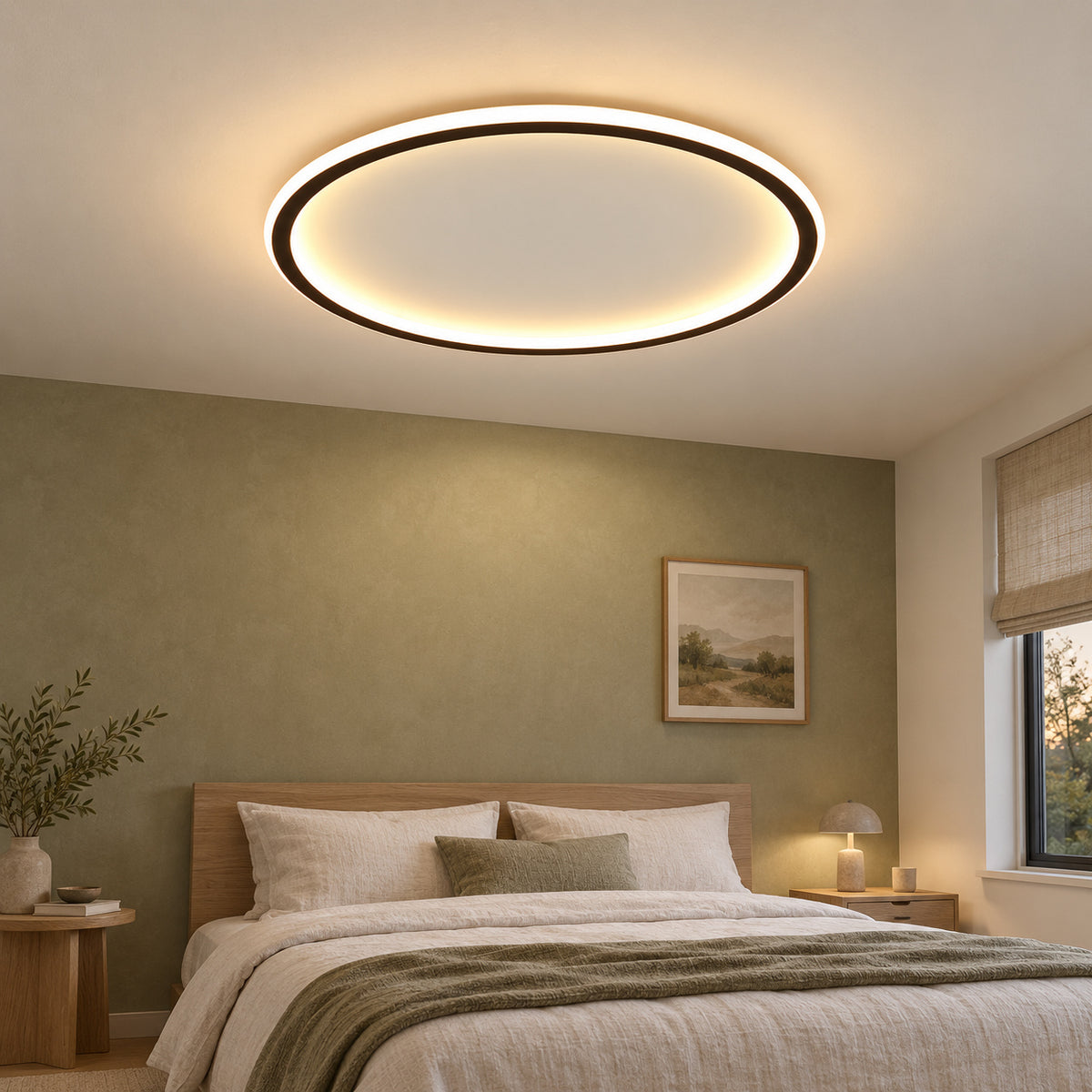 01 · Round flush ceiling light, black frame, warm-white light
