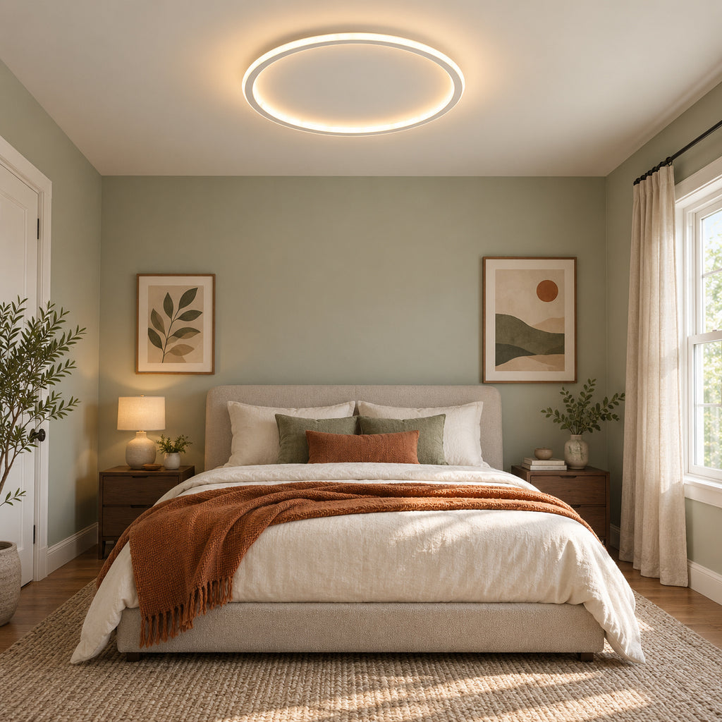 05 · Round flush ceiling light, white frame, warm-white light