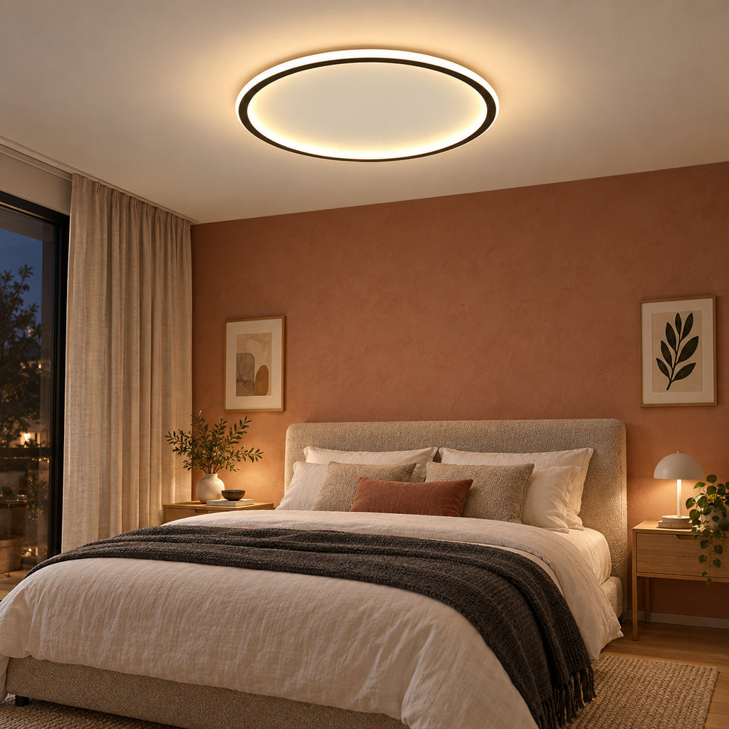 07 · Round flush ceiling light, black frame, warm-white light