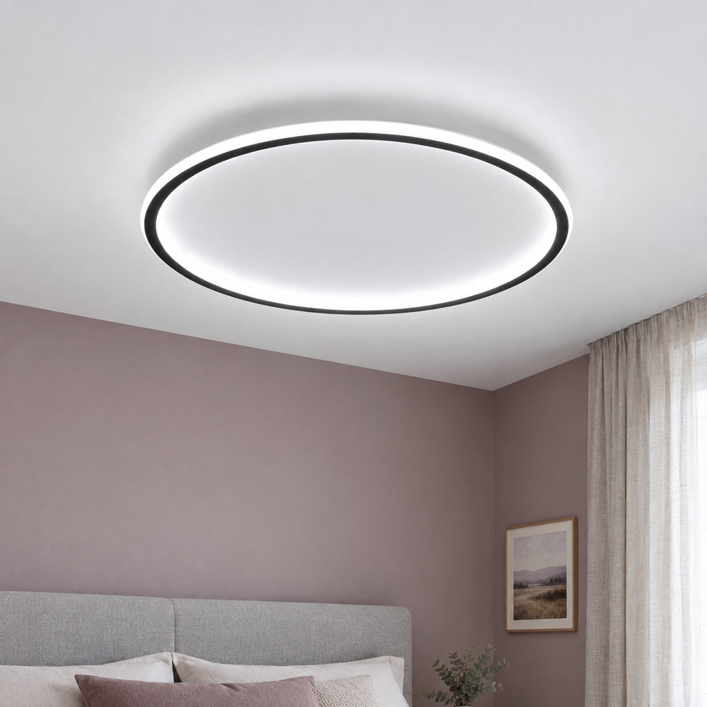 10 · Round flush ceiling light, black frame, cool-white light