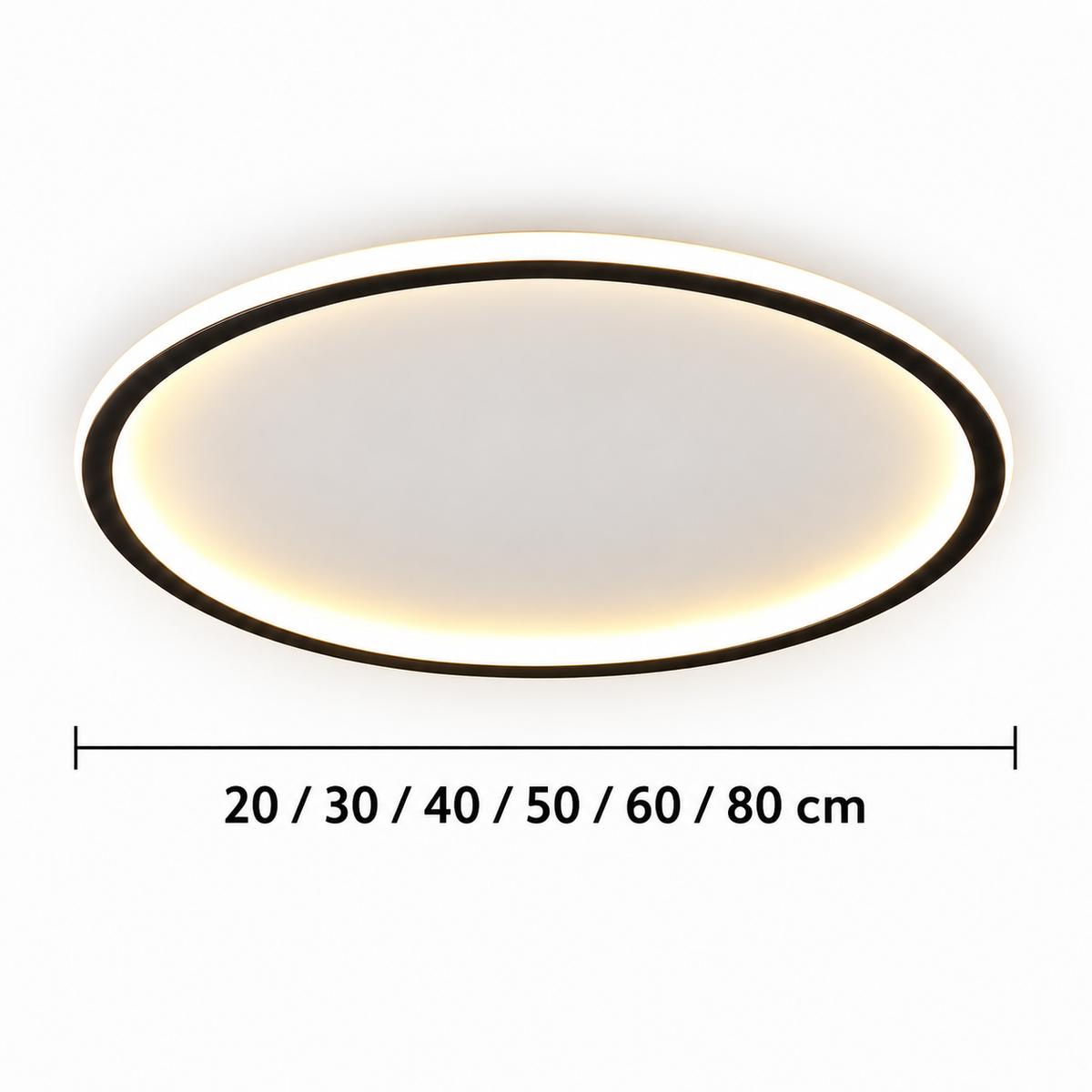 Black round flush ceiling light with diameter options 20, 30, 40, 50, 60 and 80 cm