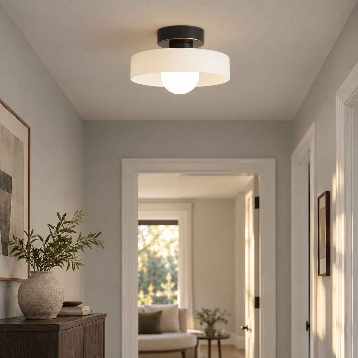 Black/White semi flush ceiling light with a round glass shade