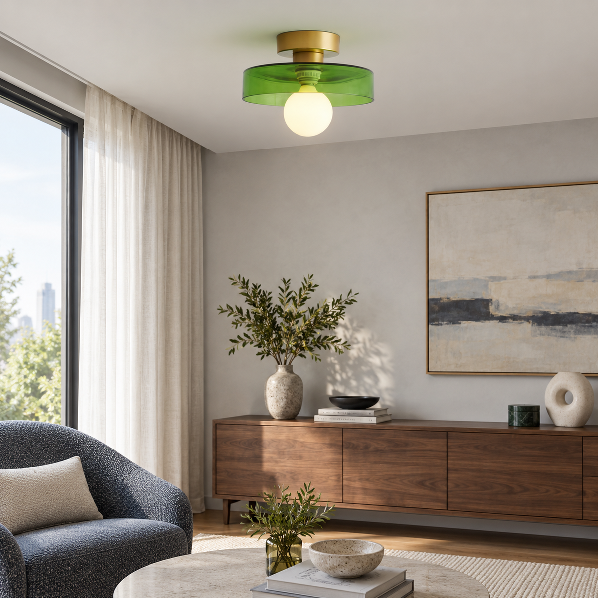 Gold/Green semi flush ceiling light with a round glass shade