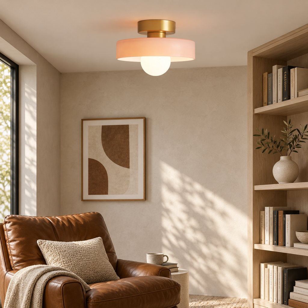 Gold/Pink semi flush ceiling light with a round glass shade