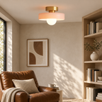 Gold/Pink semi flush ceiling light with a round glass shade