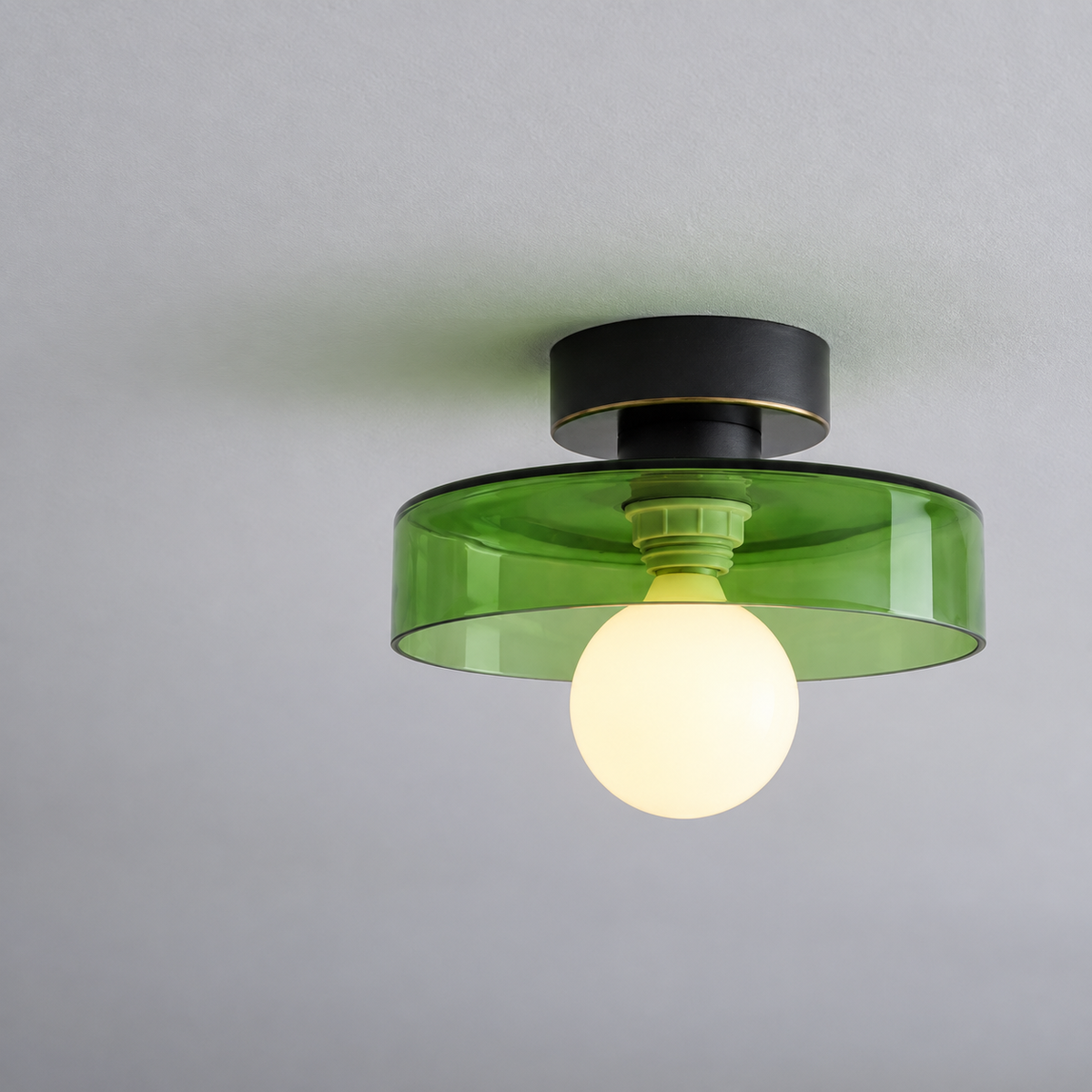 Black/Green semi flush ceiling light with a round glass shade