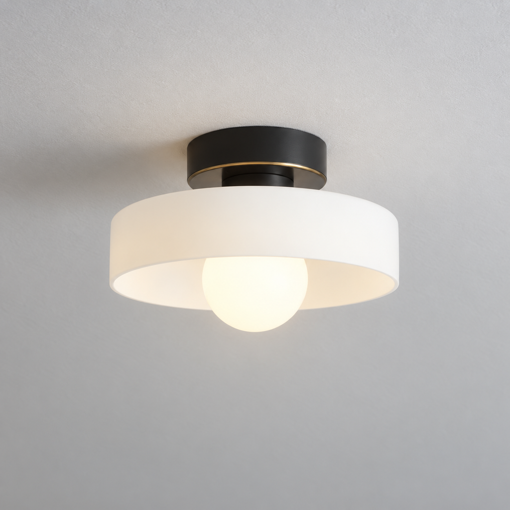 Black/White semi flush ceiling light with a round glass shade