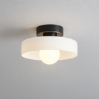 Black/White semi flush ceiling light with a round glass shade
