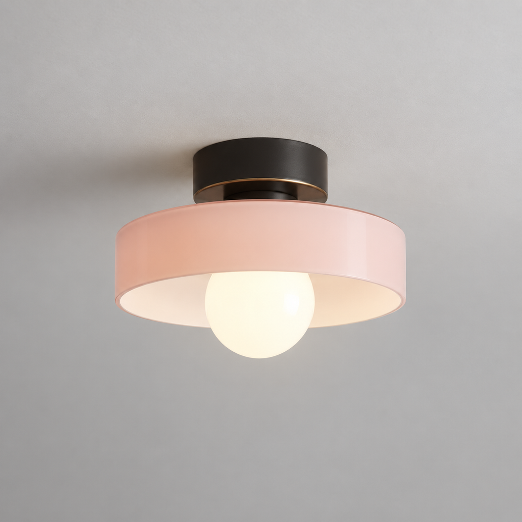 Semi flush ceiling light with black fitting and pink glass shade