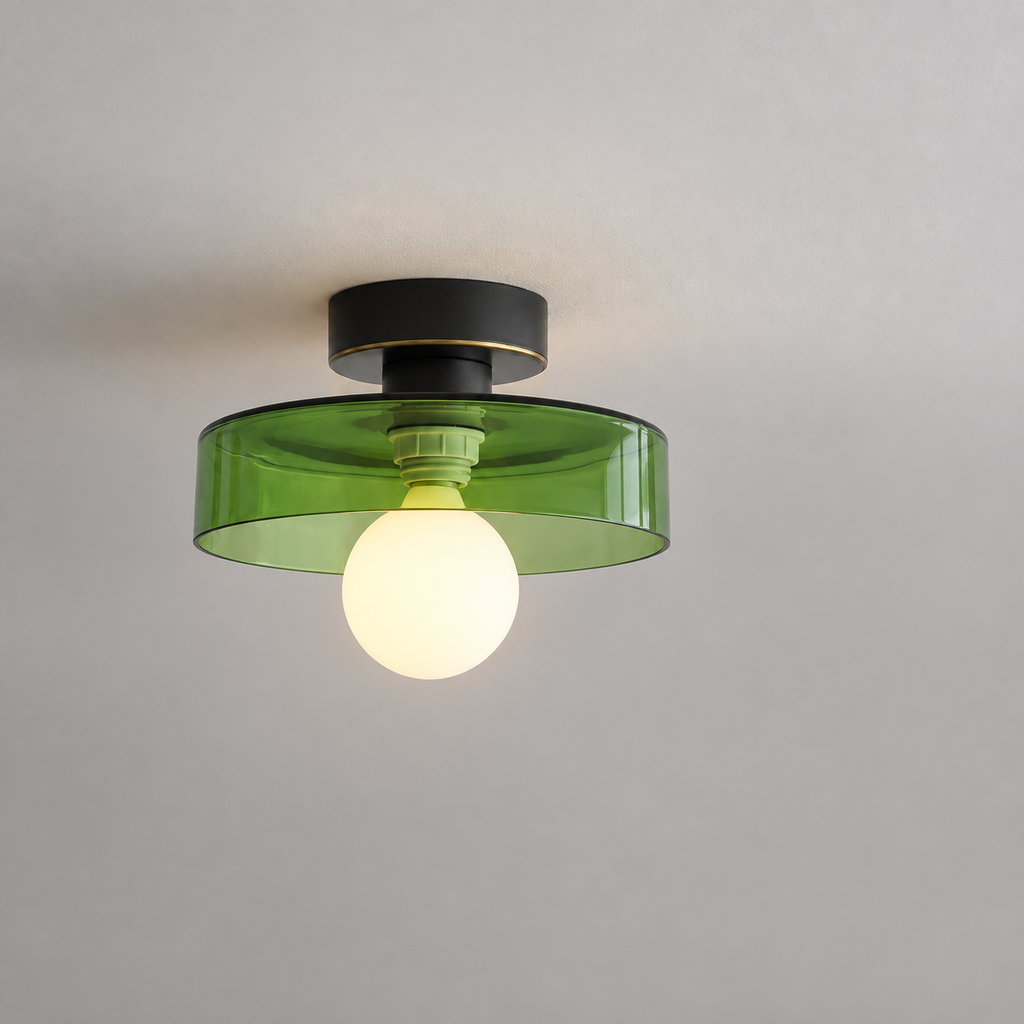 Semi flush ceiling light with black fitting and green glass shade