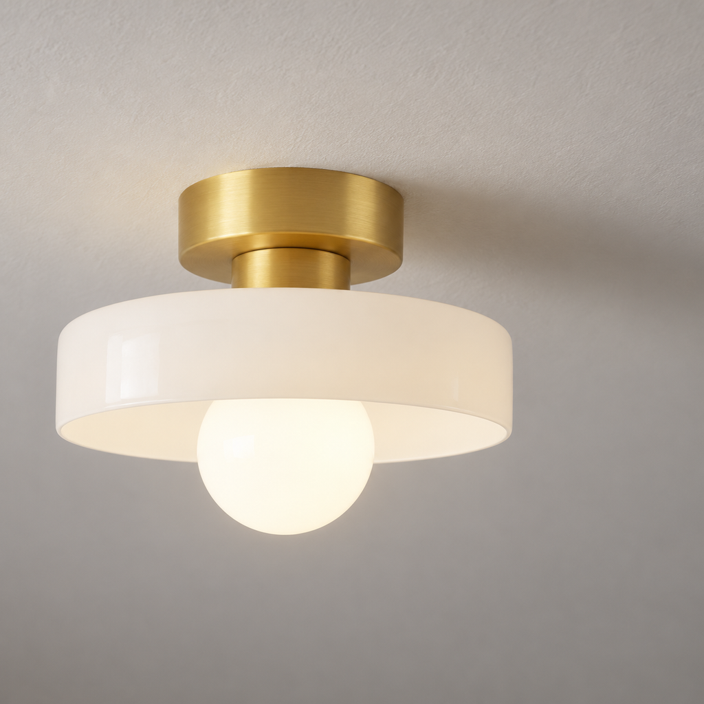 Semi flush ceiling light with gold fitting and white glass shade