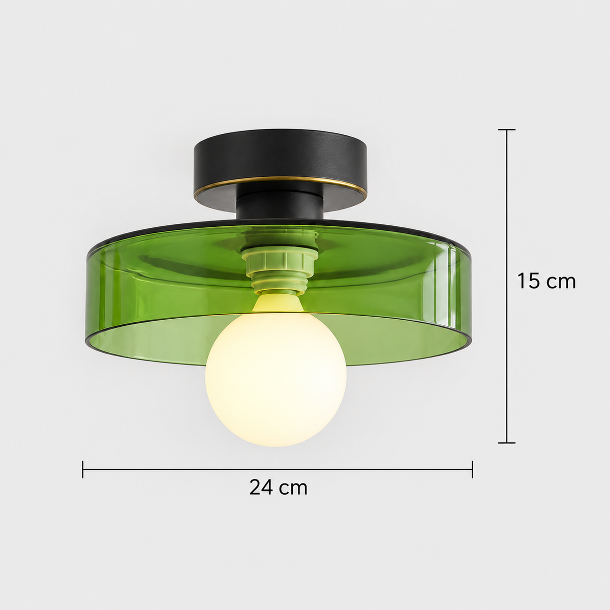 Round glass semi flush ceiling light: 24 cm shade diameter and 15 cm overall fixture height
