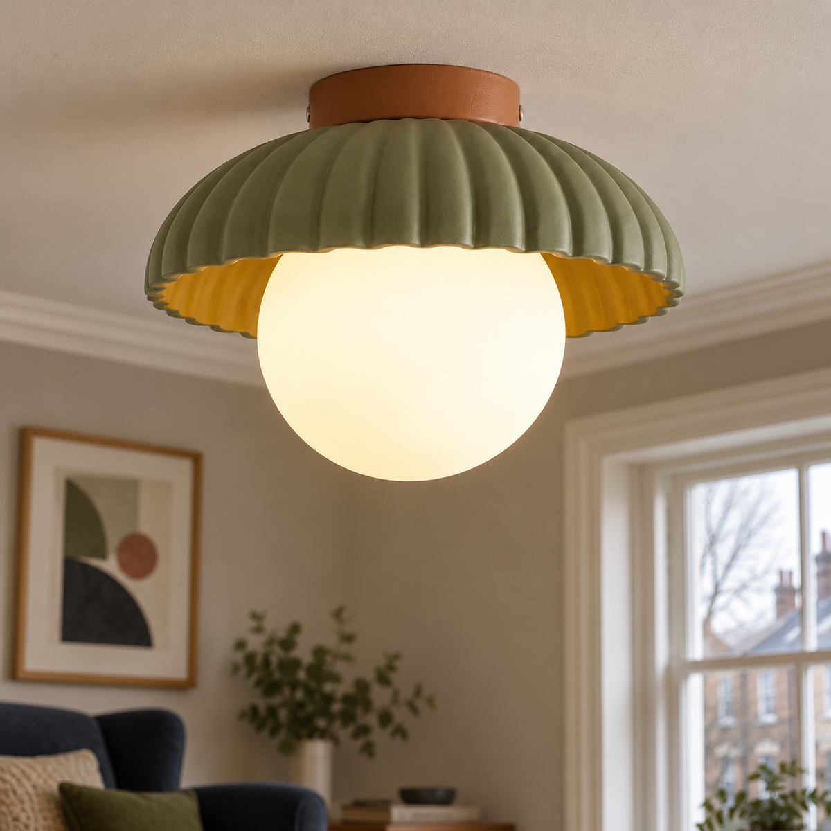 Green semi-flush scalloped ceiling light, photo 01
