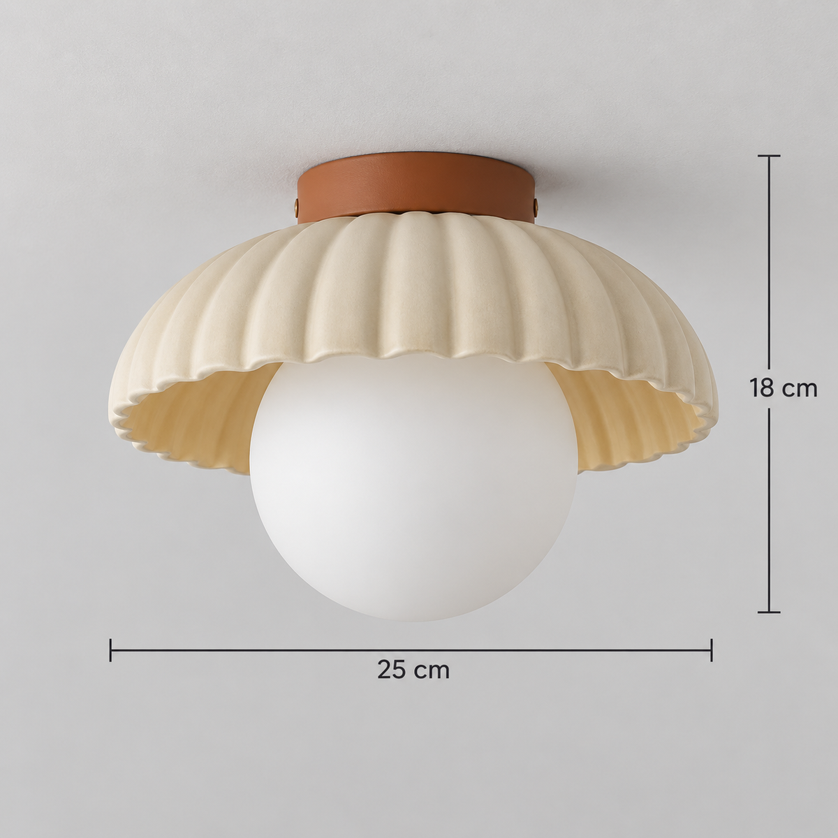 Semi-flush scalloped ceiling light, approximate diameter 25 cm and total height 18 cm