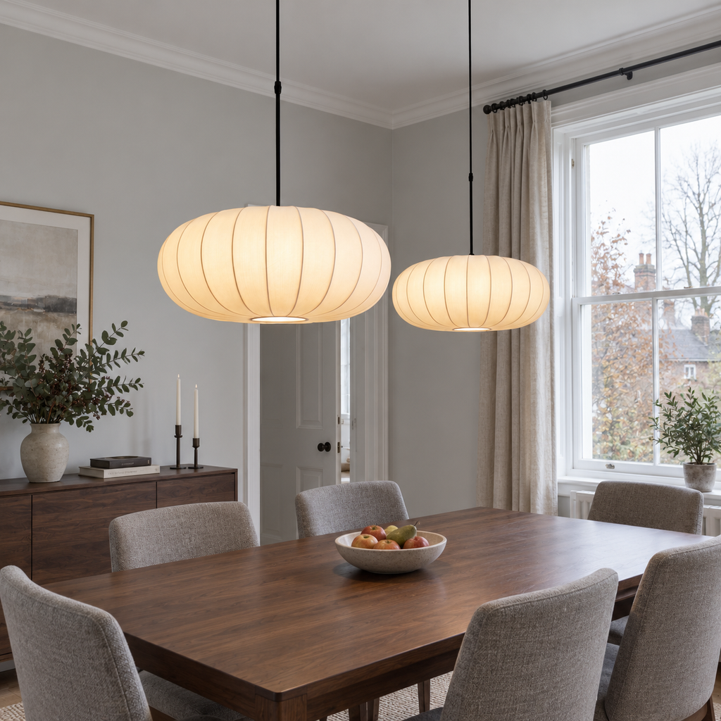 Cream ribbed silk pendant light, original gallery photograph 02
