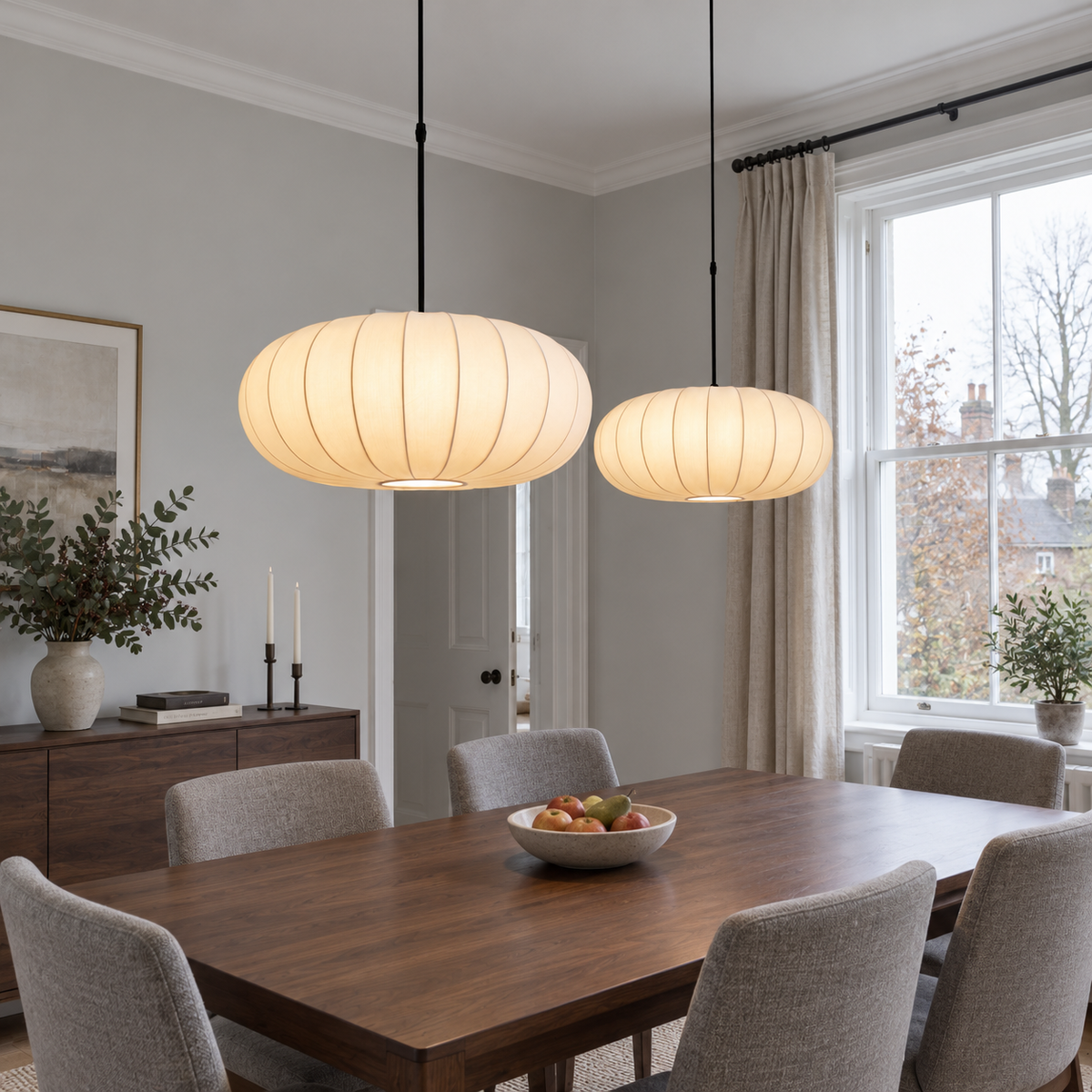 Cream ribbed silk pendant light, original gallery photograph 02