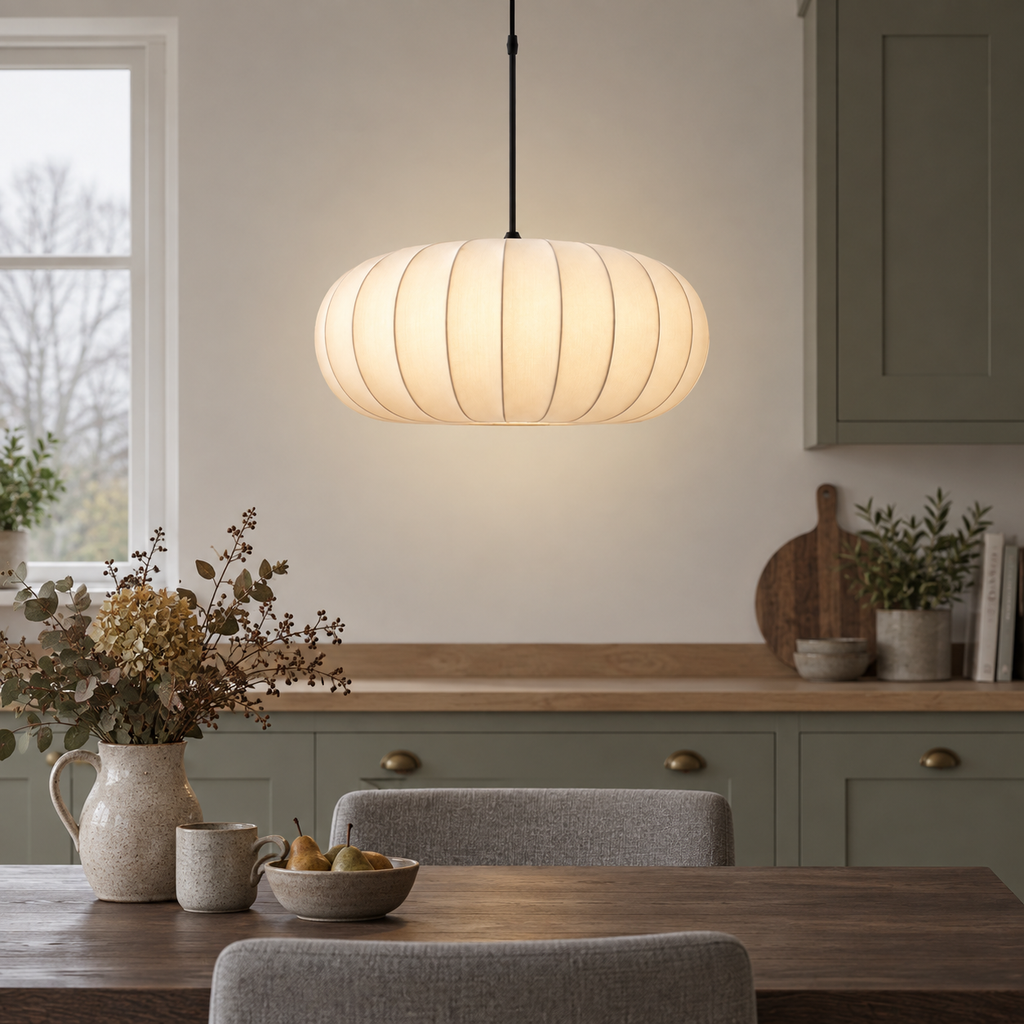 Cream ribbed silk pendant light, original gallery photograph 03