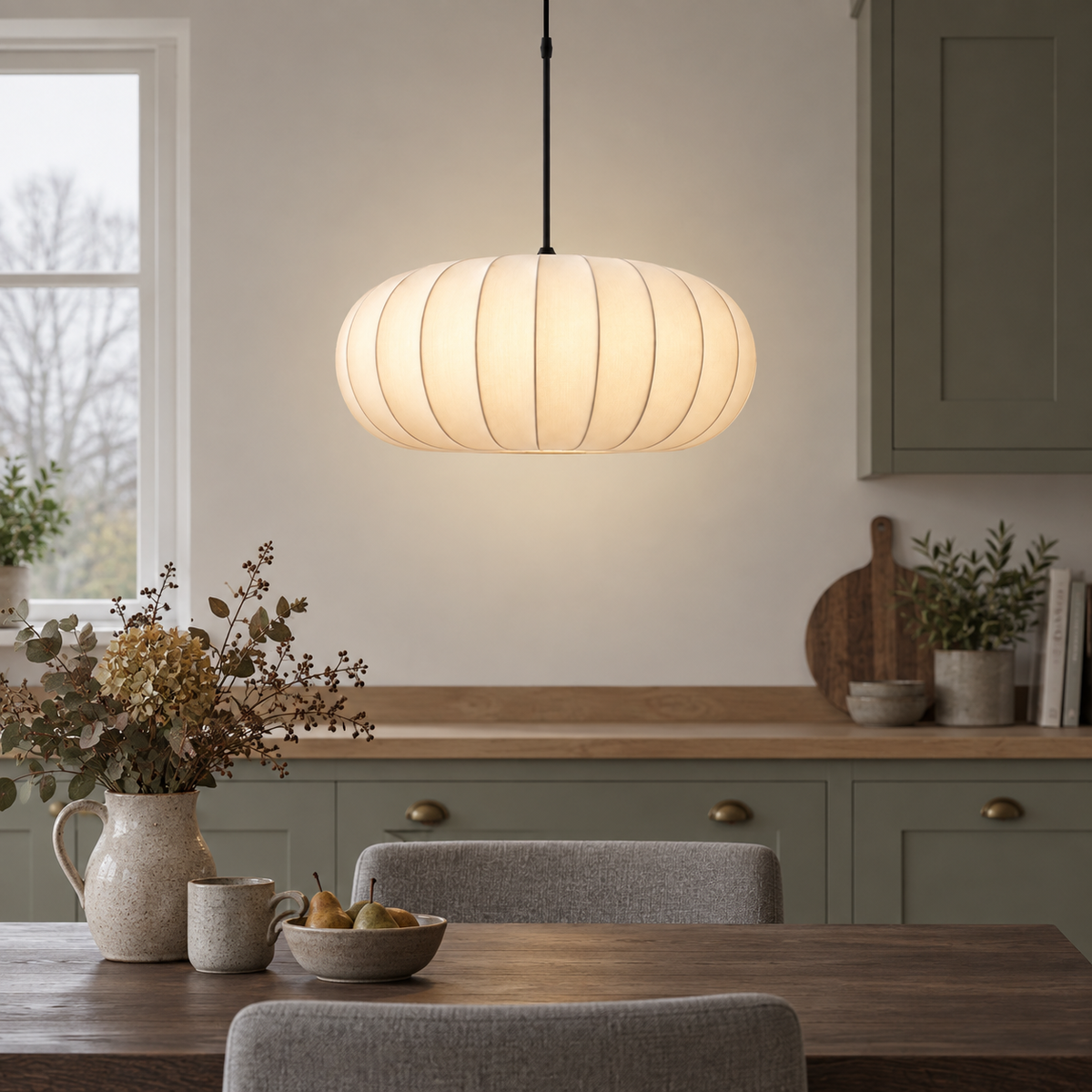 Cream ribbed silk pendant light, original gallery photograph 03
