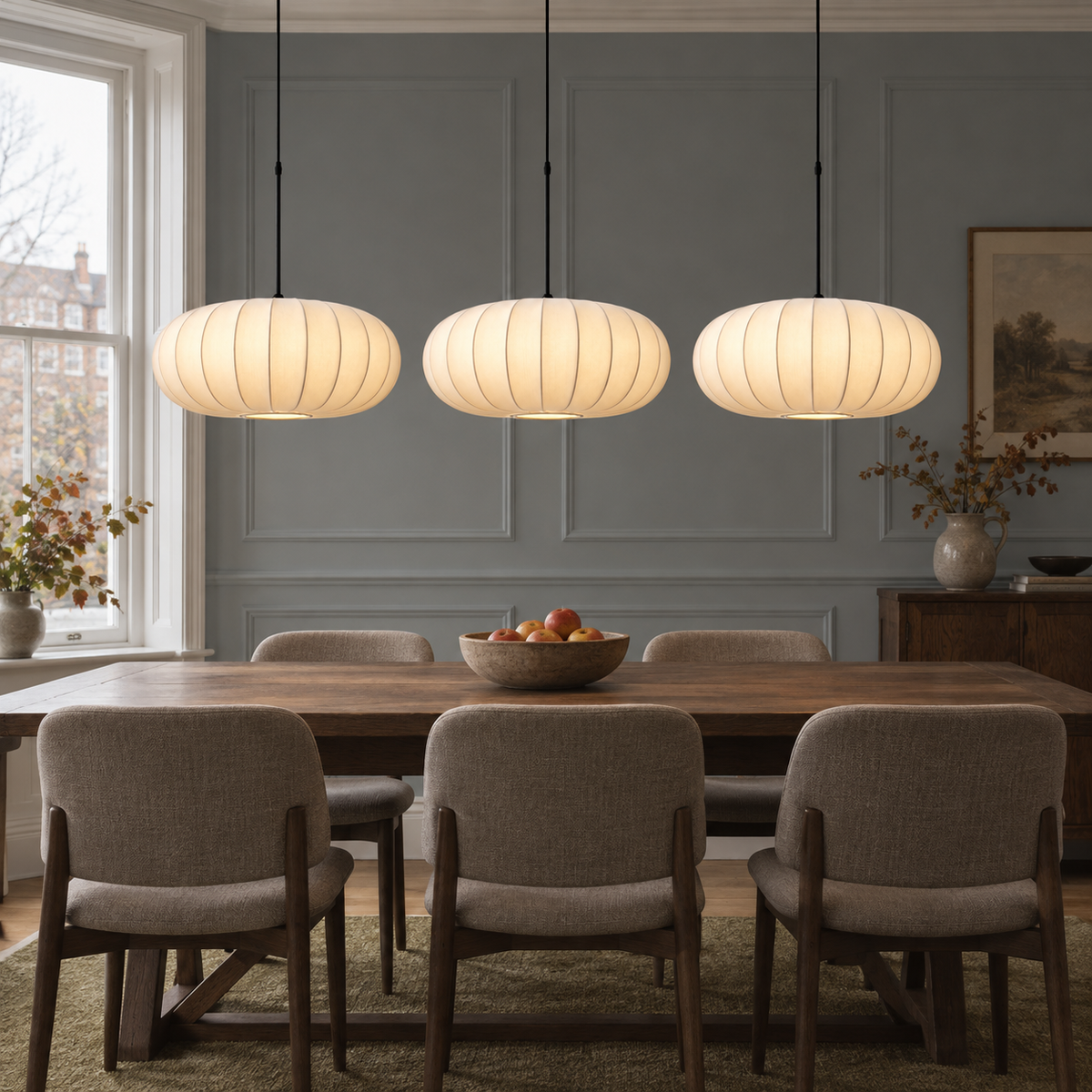 Cream ribbed silk pendant light, original gallery photograph 04