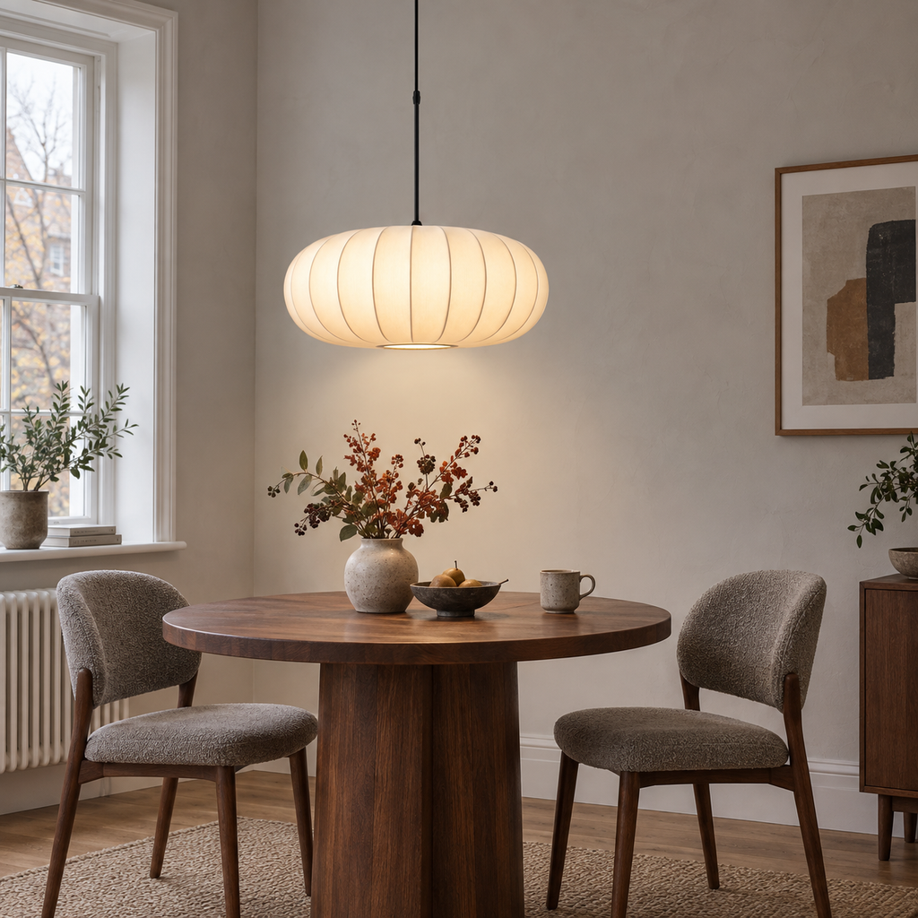 Cream ribbed silk pendant light, original gallery photograph 05