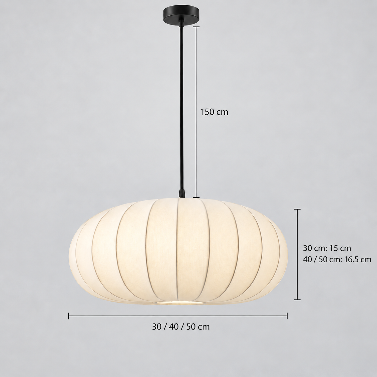 Silk pendant with 30,40 or50cm diameter, matching shade heights and150cm cable