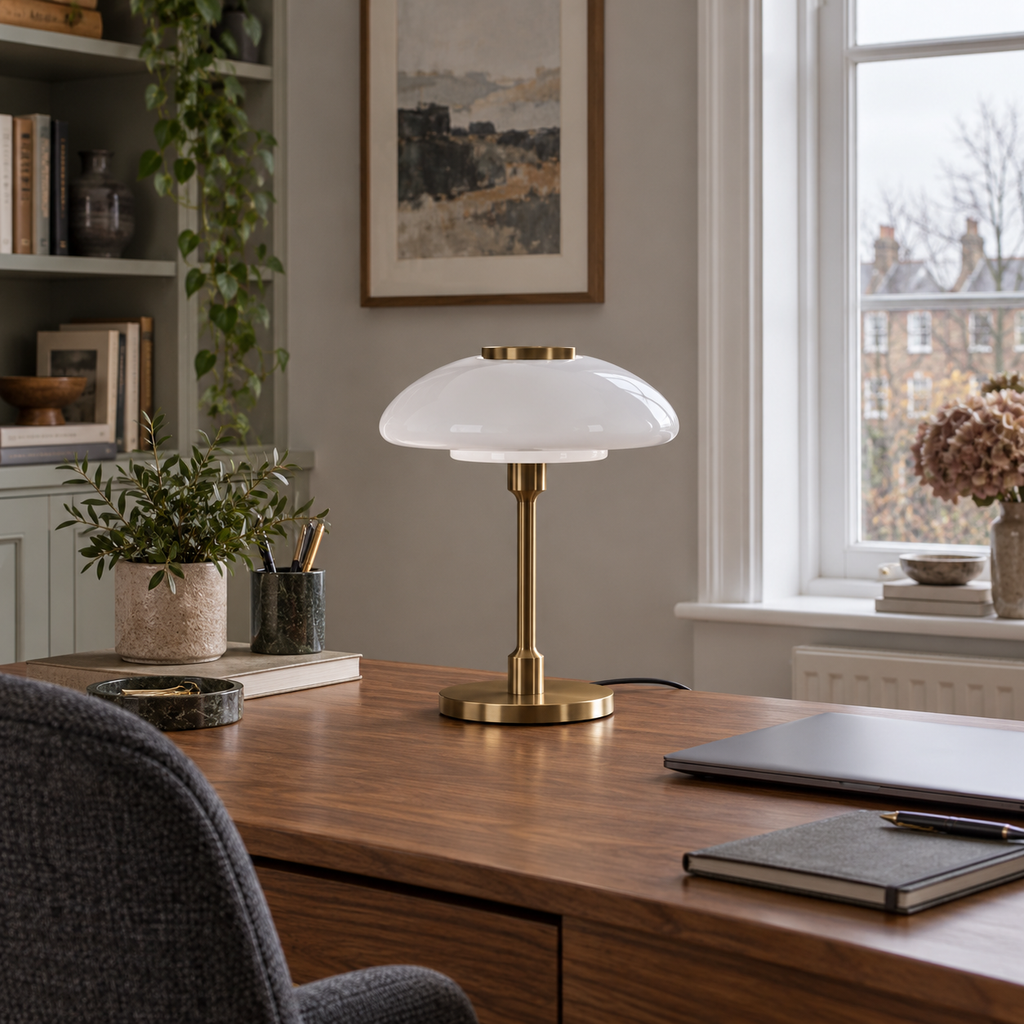 Table lamp with domed glass shade — original interior photograph 04