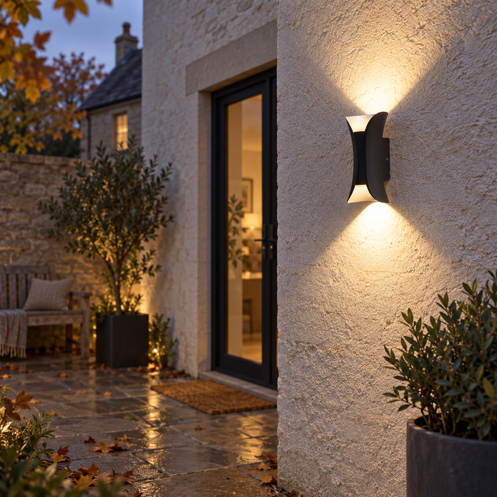 Black wall light with curved metal body