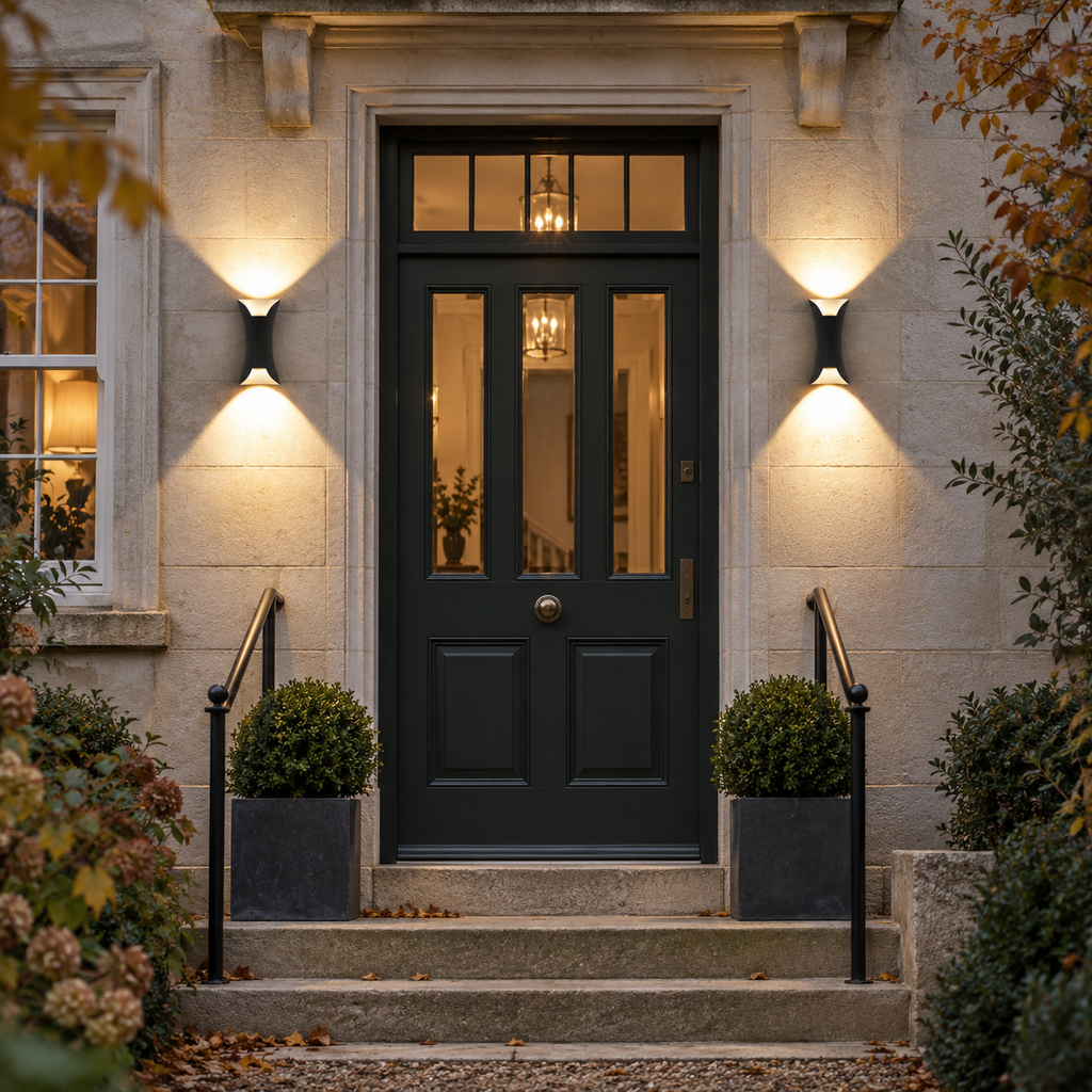 Black wall light with curved metal body