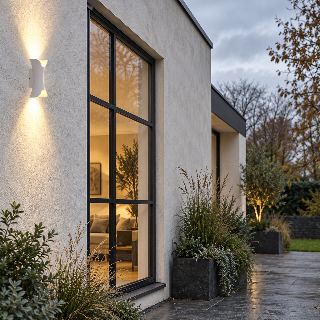 White wall light with curved metal body