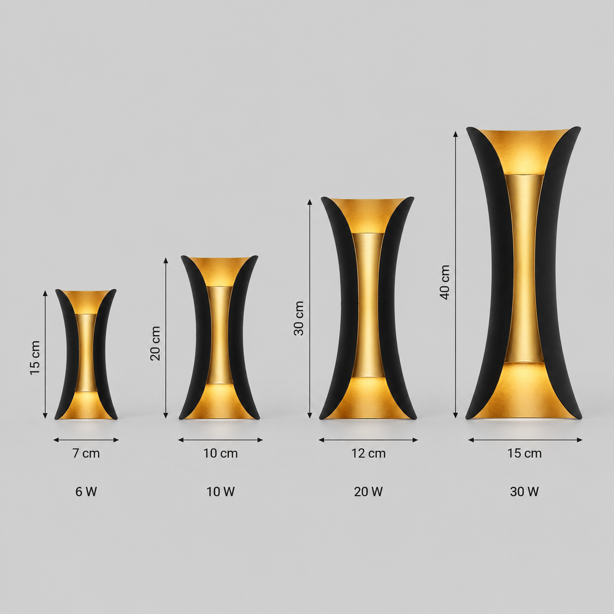 Wall light dimensions: 15 by 7, 20 by 10, 30 by 12 and 40 by 15 cm