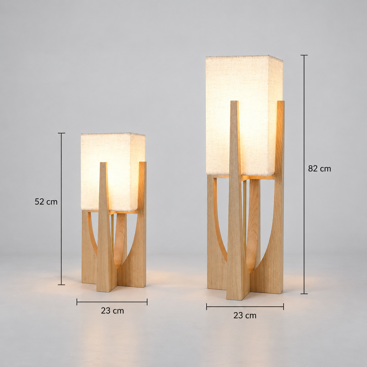 Wooden frame lamp sizes with confirmed dimensions 23 × 52 cm and 23 × 82 cm